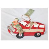 Vintage Red Toy Metal Wagon, Wheelbarrow, and Holiday Ornament Set