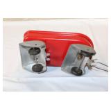 Vintage Red Toy Metal Wagon, Wheelbarrow, and Holiday Ornament Set