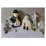 Collection of 8 Clown Figurines and Porcelain Doll