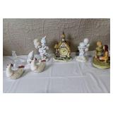 Collection of Ceramic Figurines and Father Time Little Cottage Clock