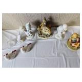 Collection of Ceramic Figurines and Father Time Little Cottage Clock
