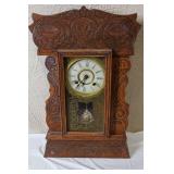 Antique Ornate Wooden Mantel Clock with Key and Detached Decorative Panel