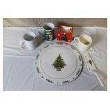 Christmas Holiday Tableware Set with Tree Plate, Cake Server, Mugs, and Candle Holder