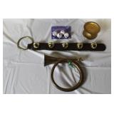 Holiday Decorative Lot with Brass Horn, Sleigh Bells, Candle Holder, and Snowman Bells