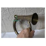 Holiday Decorative Lot with Brass Horn, Sleigh Bells, Candle Holder, and Snowman Bells