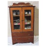 Vintage Dollhouse Wooden Hutch with Miniature Kitchenware and Dishes