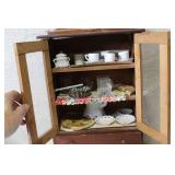 Vintage Dollhouse Wooden Hutch with Miniature Kitchenware and Dishes