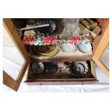 Vintage Dollhouse Wooden Hutch with Miniature Kitchenware and Dishes