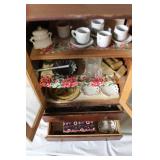 Vintage Dollhouse Wooden Hutch with Miniature Kitchenware and Dishes