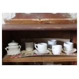 Vintage Dollhouse Wooden Hutch with Miniature Kitchenware and Dishes