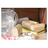 Vintage Dollhouse Wooden Hutch with Miniature Kitchenware and Dishes
