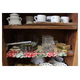 Vintage Dollhouse Wooden Hutch with Miniature Kitchenware and Dishes