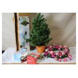 Holiday Decor Set with 3 Ft Lighted Tree, Wreath with Pink Ornaments, and Lighted Star Topper