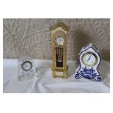 Collection of 3 Miniature Clocks - Bulova Grandfather, Crystal, Delft Porcelain