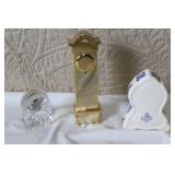 Collection of 3 Miniature Clocks - Bulova Grandfather, Crystal, Delft Porcelain