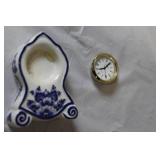 Collection of 3 Miniature Clocks - Bulova Grandfather, Crystal, Delft Porcelain