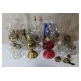 Collection of Vintage Oil Lamps and Parts Mixed Glass Brass Colored