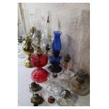 Collection of Vintage Oil Lamps and Parts Mixed Glass Brass Colored