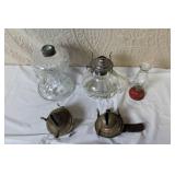 Collection of Vintage Oil Lamps and Parts Mixed Glass Brass Colored