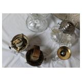 Collection of Vintage Oil Lamps and Parts Mixed Glass Brass Colored