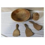 Antique Wooden Dough Bowl with Butter Mold and 3 Butter Paddles