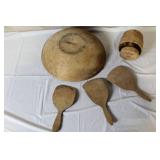 Antique Wooden Dough Bowl with Butter Mold and 3 Butter Paddles