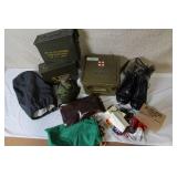 Military Surplus Collection with Ammo Cans, First Aid Kit, Boots, and Memorabilia