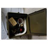 Military Surplus Collection with Ammo Cans, First Aid Kit, Boots, and Memorabilia