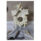 Vintage White Hand-Painted Cuckoo Clock with Weights and Pendulum