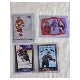 Lot of 4 Hockey Cards Featuring Theoren Fleury Die Cut, Joe Sakic All-Star, Brett Hull, and Mark Messier