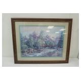 "Log Cabin by the River in the Mountains" by Lee K. Parkinson. Print, framed, matted.