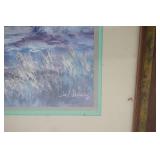 "Log Cabin by the River in the Mountains" by Lee K. Parkinson. Print, framed, matted.