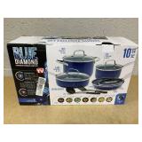 Blue Diamond 10 Piece Nonstick Cookware Set, Diamond Ceramic Pots & Pans, Dishwasher & Metal Utensil Safe, Non Toxic PFAS-Free, Kitchen Cooking Sauce & Saute Pans, Oven & Broiler to 600F, Blue (Missin