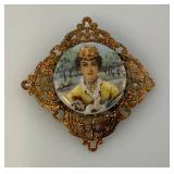 Antique Pin Brooch Yellow Gold Tone Round Porcelain Hand Painted Figural Image Western Germany Marked Antique Pin Brooch Yellow Gold Tone Round Porcelain Hand Painted Figural Image Western Germany Marked