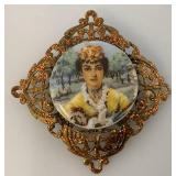 Antique Pin Brooch Yellow Gold Tone Round Porcelain Hand Painted Figural Image Western Germany Marked Antique Pin Brooch Yellow Gold Tone Round Porcelain Hand Painted Figural Image Western Germany Marked