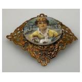Antique Pin Brooch Yellow Gold Tone Round Porcelain Hand Painted Figural Image Western Germany Marked Antique Pin Brooch Yellow Gold Tone Round Porcelain Hand Painted Figural Image Western Germany Marked