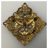 Antique Pin Brooch Yellow Gold Tone Round Porcelain Hand Painted Figural Image Western Germany Marked Antique Pin Brooch Yellow Gold Tone Round Porcelain Hand Painted Figural Image Western Germany Marked