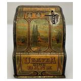 Vintage U Save A Dime Bank Tin Litho Cash  Register Miniature 3" x 3 3/4" x 3 3/4" Bank Vintage U Save A Dime Bank Tin Litho Cash  Register Miniature 3" x 3 3/4" x 3 3/4" Bank
