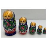 Vintage Russian 5Pc Hand Painted Blue Wooden Nesting Dolls 6" Vintage Russian 5Pc Hand Painted Blue Wooden Nesting Dolls 6"