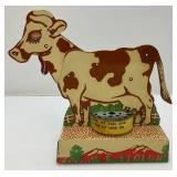 Vintage Tin Litho Mooing Cow Mechanical Pull Tail Toy (Voice Box Needs Work) 9" L x 8 b1/2" H x 3" W Vintage Tin Litho Mooing Cow Mechanical Pull Tail Toy (Voice Box Needs Work) 9" L x 8 b1/2" H x 3" W