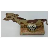 Vintage Tin Litho Mooing Cow Mechanical Pull Tail Toy (Voice Box Needs Work) 9" L x 8 b1/2" H x 3" W Vintage Tin Litho Mooing Cow Mechanical Pull Tail Toy (Voice Box Needs Work) 9" L x 8 b1/2" H x 3" W