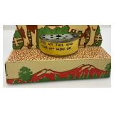 Vintage Tin Litho Mooing Cow Mechanical Pull Tail Toy (Voice Box Needs Work) 9" L x 8 b1/2" H x 3" W Vintage Tin Litho Mooing Cow Mechanical Pull Tail Toy (Voice Box Needs Work) 9" L x 8 b1/2" H x 3" W