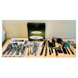 LL - Assorted Kitchen Utensils, Flatware, and International Silver Company Two-Tier Server