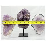 Amethyst Lot of 3-large geode on custom metal stand 1.5 kilo/3 lbs 4 oz., large geode plate 699 gm./1 lb. 9 oz. and a large geode plate 494 gm./1lb. 1 oz.