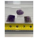 Amethyst 3 pc misc. lot: two small pyramids and small heart 72gm./2.5oz.