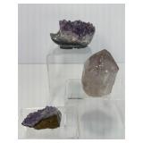 Amethyst Misc Lot of 3: light point with rainbows & inclusion from Madagascar 202 gm./7 oz., one eyed geode hedgehog 250 gm./9 oz., small standing geode piece 29 gm./1 oz.