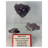 Amethyst Geode lot of 3: heart geode 328 gm./11.6 oz., geode piece 122 gm/4.3 oz., raw point 42 gm./1.5 oz.