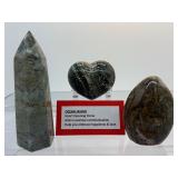Ocean Jasper Misc. Lot of 3: Generator/tower 369 gm./13 oz., heart 220 gm./7.8 oz., Freeform 289 gm./10.2 oz.