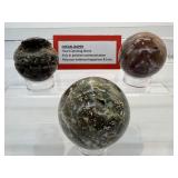Ocean Jasper Spheres Lot of 3: 68mm 419gm./14.8oz.,53mm 210gm./7.4oz., 50mm 129gm./4.6oz.