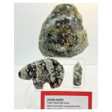 Ocean Jasper Misc. Lot of 3: large one side polished slab 812 gm./1 lb 12.6 oz., Zuni Bear 187 gm./6.6 oz., and tower 22 gm./.8 oz.